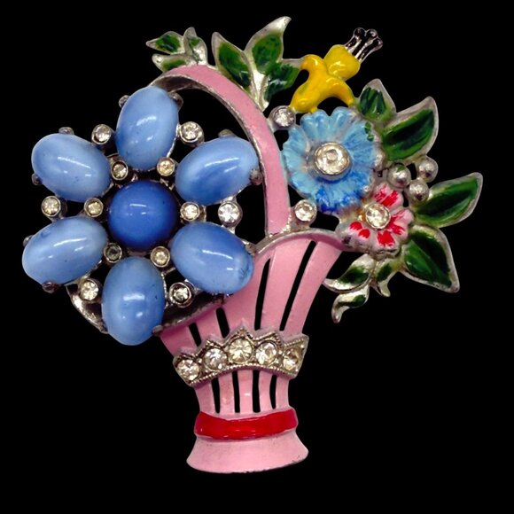 Vintage 1940's CORO Blue Glass Cabochons Enamel Rhinestone Flower Basket Brooch - Picture 2 of 10